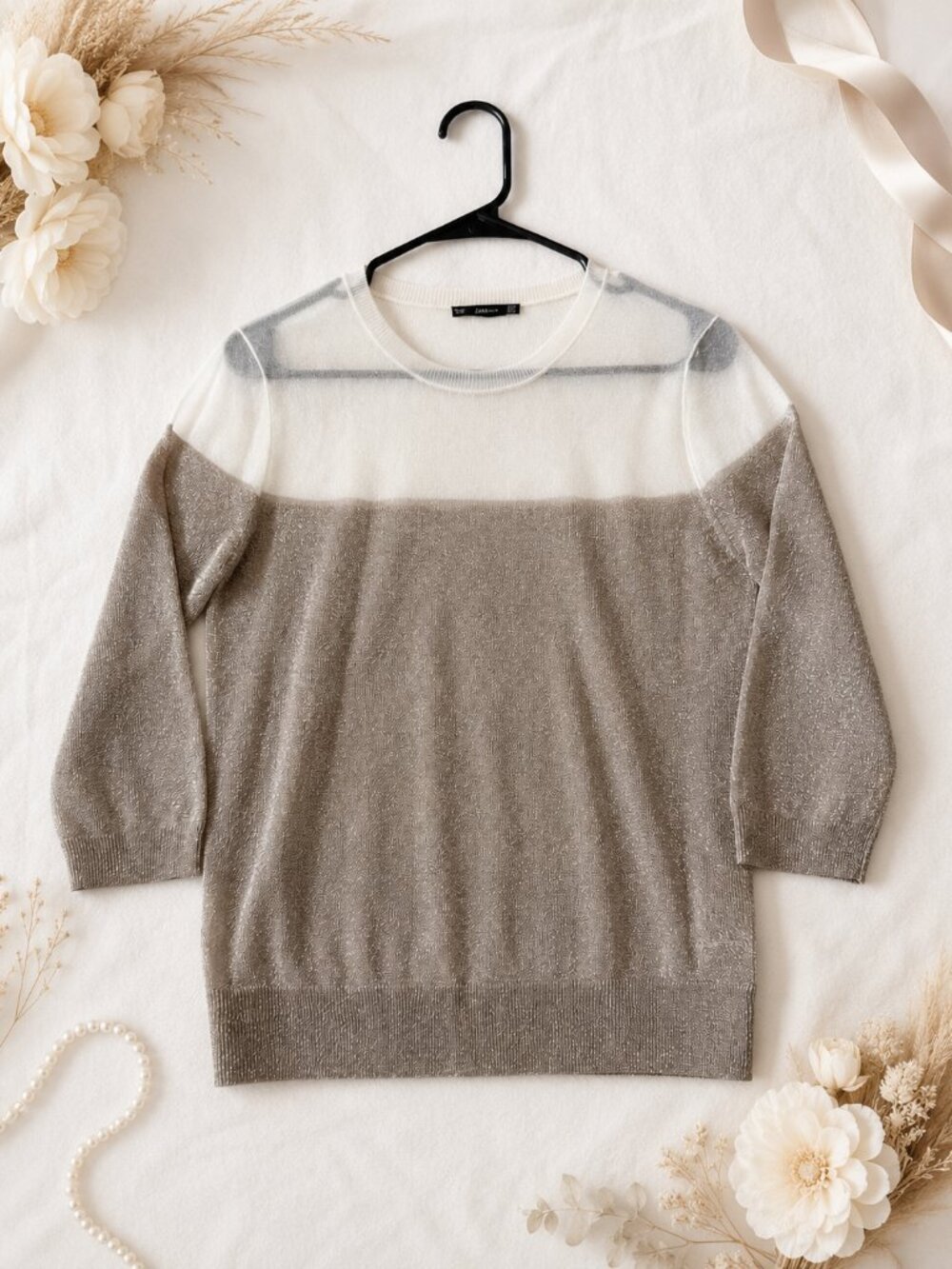 Zara Knit Sheer Metallic Sweater Womens M Taupe Ivory Colorblock 3/4 Sleeve